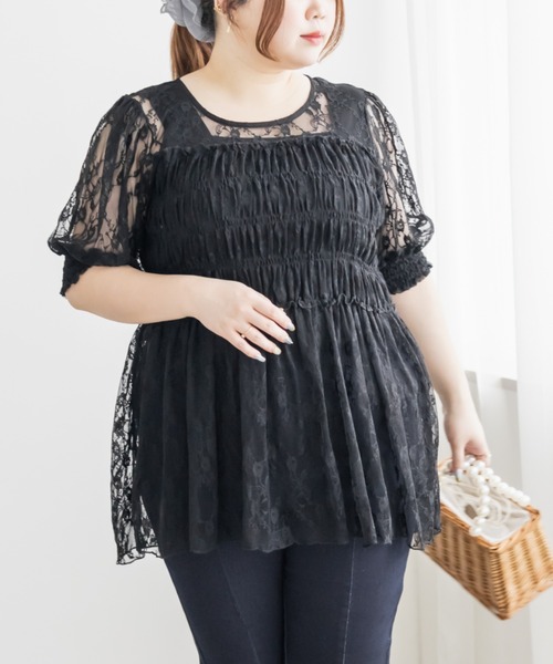 CLETTE(クレット)の「CLETTEオリジナルクロスフラワーレースシャーリングブラウス(シャツ/ブラウス・レディース・ブルー/ブラック/アイボリー/ラベンダー・4L/3L/LL)」の9枚目の写真