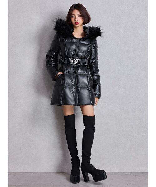 GDベルト付きフェイクレザーロングダウンコート（ダウンジャケット