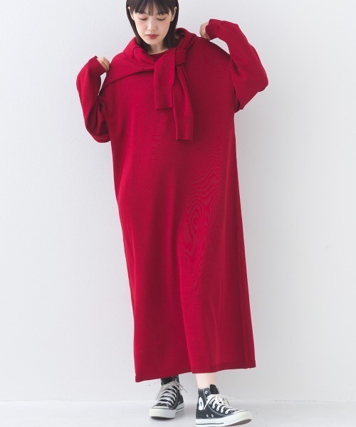 OMNES（オムネス）の「ハイゲージクルーネックリンキングニットロングワンピース（ワンピース・レディース・ダークグレー/レッド/ブラウン・FREE）」の3枚目の写真