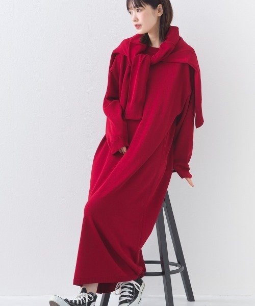 OMNES（オムネス）の「ハイゲージクルーネックリンキングニットロングワンピース（ワンピース・レディース・ダークグレー/レッド/ブラウン・FREE）」の8枚目の写真