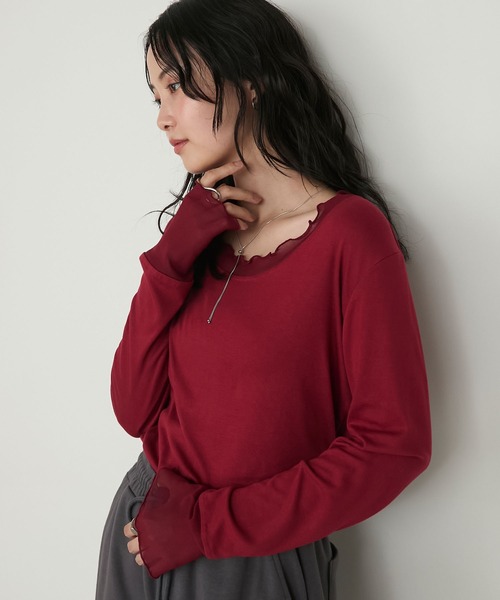 forksy.(フォルクシー)の「【forksy.】シアー切り替えメローロングTシャツ(Tシャツ/カットソー・レディース・ホワイト系/ブラック/チャコール/レッド/ブラウン・FREE)」の5枚目の写真