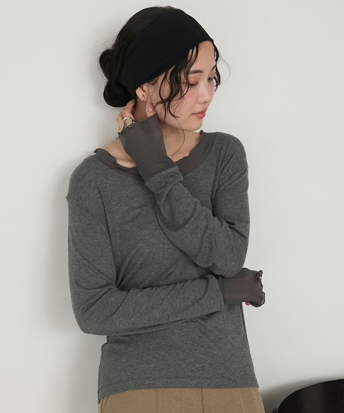 forksy.(フォルクシー)の「【forksy.】シアー切り替えメローロングTシャツ(Tシャツ/カットソー・レディース・ホワイト系/ブラック/チャコール/レッド/ブラウン・FREE)」の3枚目の写真