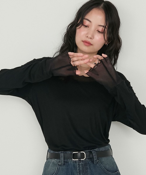 forksy.(フォルクシー)の「【forksy.】シアー切り替えメローロングTシャツ(Tシャツ/カットソー・レディース・ホワイト系/ブラック/チャコール/レッド/ブラウン・FREE)」の1枚目の写真