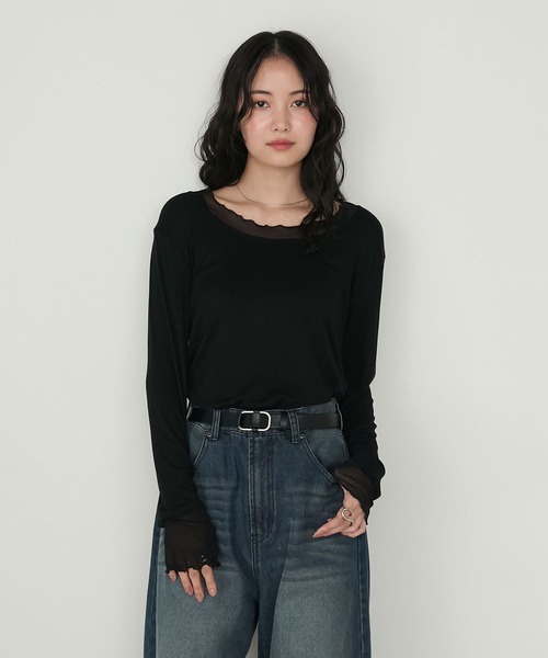 forksy.(フォルクシー)の「【forksy.】シアー切り替えメローロングTシャツ(Tシャツ/カットソー・レディース・ホワイト系/ブラック/チャコール/レッド/ブラウン・FREE)」の14枚目の写真