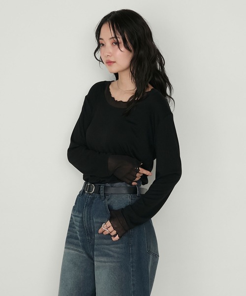 forksy.(フォルクシー)の「【forksy.】シアー切り替えメローロングTシャツ(Tシャツ/カットソー・レディース・ホワイト系/ブラック/チャコール/レッド/ブラウン・FREE)」の15枚目の写真
