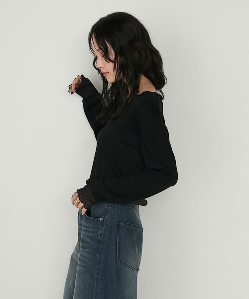 forksy.(フォルクシー)の「【forksy.】シアー切り替えメローロングTシャツ(Tシャツ/カットソー・レディース・ホワイト系/ブラック/チャコール/レッド/ブラウン・FREE)」の17枚目の写真