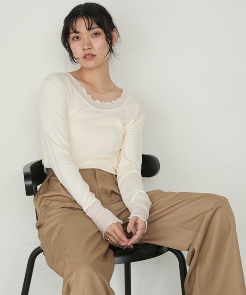 forksy.(フォルクシー)の「【forksy.】シアー切り替えメローロングTシャツ(Tシャツ/カットソー・レディース・ホワイト系/ブラック/チャコール/レッド/ブラウン・FREE)」の6枚目の写真