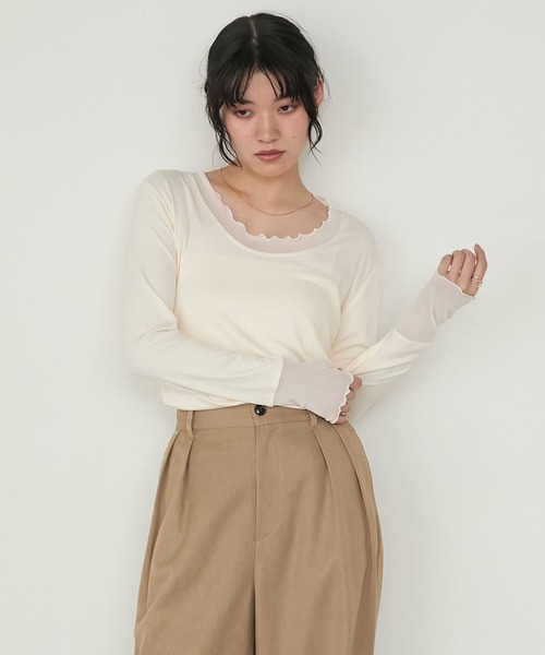 forksy.(フォルクシー)の「【forksy.】シアー切り替えメローロングTシャツ(Tシャツ/カットソー・レディース・ホワイト系/ブラック/チャコール/レッド/ブラウン・FREE)」の7枚目の写真