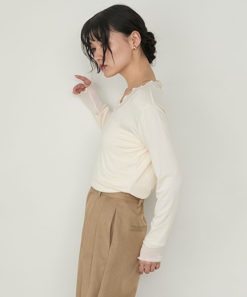 forksy.(フォルクシー)の「【forksy.】シアー切り替えメローロングTシャツ(Tシャツ/カットソー・レディース・ホワイト系/ブラック/チャコール/レッド/ブラウン・FREE)」の8枚目の写真