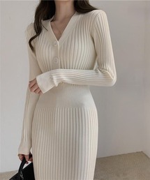 タイトワンピース ニットワンピース リブ vネック