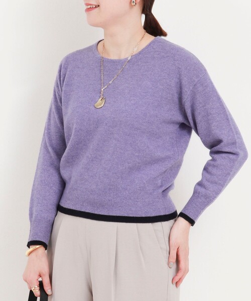 カシミヤ100 配色クルーネックプルオーバーニット（ニット/セーター