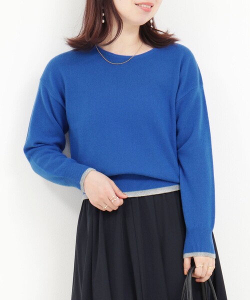 カシミヤ100 配色クルーネックプルオーバーニット（ニット/セーター