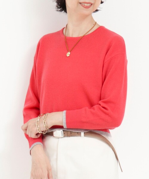 カシミヤ100 配色クルーネックプルオーバーニット（ニット/セーター