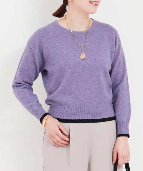 カシミヤ100 配色クルーネックプルオーバーニット（ニット/セーター
