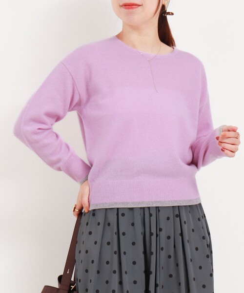 カシミヤ100 配色クルーネックプルオーバーニット（ニット/セーター