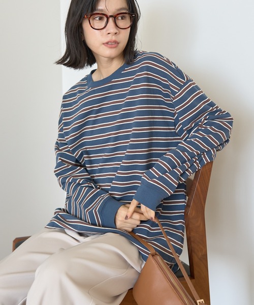 AMERICAN HOLIC(アメリカンホリック)の「アソートボーダーロングTシャツ(Tシャツ/カットソー・レディース・アイボリー/ボルドー/ネイビー・FREE)」の2枚目の写真