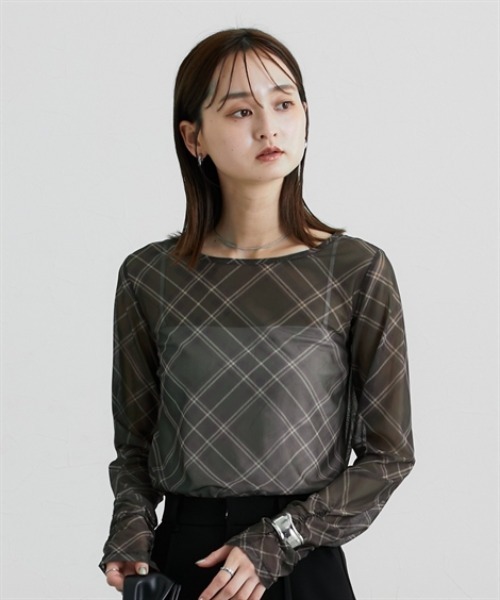nissen(ニッセン)の「シアーチェック長袖トップス(Tシャツ/カットソー・レディース・ブラック/カーキ/ブラウン・M/L/LL)」の4枚目の写真