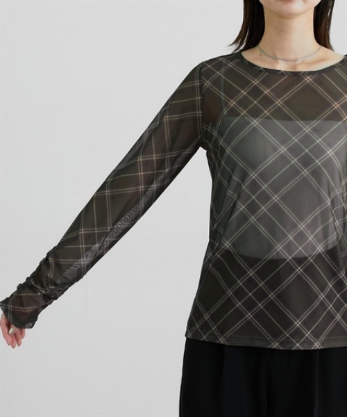 nissen(ニッセン)の「シアーチェック長袖トップス(Tシャツ/カットソー・レディース・ブラック/カーキ/ブラウン・M/L/LL)」の15枚目の写真