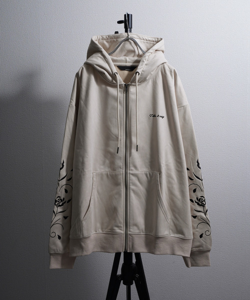 NILWAY（ニルウェイ）の「裏起毛カットスエード フラワー袖刺繍フルジップパーカー（パーカー・メンズ・ネイビー系/チャコールグレー/ブラウン/アイボリー・LARGE/MEDIUM）」の2枚目の写真