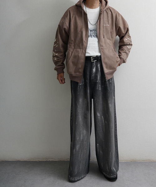 NILWAY（ニルウェイ）の「裏起毛カットスエード フラワー袖刺繍フルジップパーカー（パーカー・メンズ・ネイビー系/チャコールグレー/ブラウン/アイボリー・LARGE/MEDIUM）」の13枚目の写真