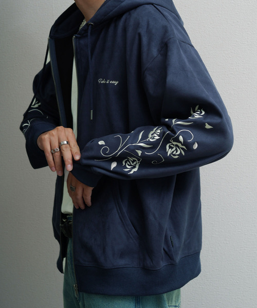 NILWAY（ニルウェイ）の「裏起毛カットスエード フラワー袖刺繍フルジップパーカー（パーカー・メンズ・ネイビー系/チャコールグレー/ブラウン/アイボリー・LARGE/MEDIUM）」の14枚目の写真