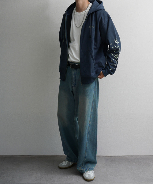 NILWAY（ニルウェイ）の「裏起毛カットスエード フラワー袖刺繍フルジップパーカー（パーカー・メンズ・ネイビー系/チャコールグレー/ブラウン/アイボリー・LARGE/MEDIUM）」の15枚目の写真