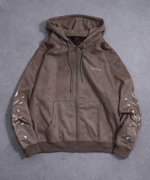 NILWAY（ニルウェイ）の「裏起毛カットスエード フラワー袖刺繍フルジップパーカー（パーカー・メンズ・ネイビー系/チャコールグレー/ブラウン/アイボリー・LARGE/MEDIUM）」の17枚目の写真