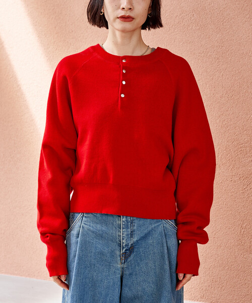 新色追加＞ショート スナップボタン ラグラン ヘンリーネック ニット