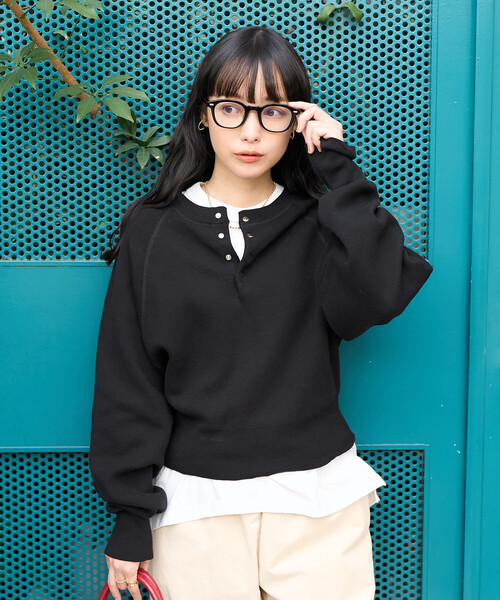 ショート スナップボタン ラグラン ヘンリーネック ニット（ニット