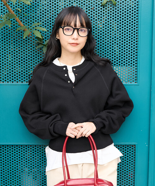 当日発送　S button layered knit tops 新色追加＞ショート スナップボタン ラグラン ヘンリーネック ニット