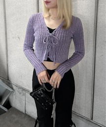 【jiasecond.】フロントレースアップニット / トップス ニット Vネック レースアップ 長袖 クロップド ショート グレー パープル カーキ ネイビー ZOZOTOWN限定