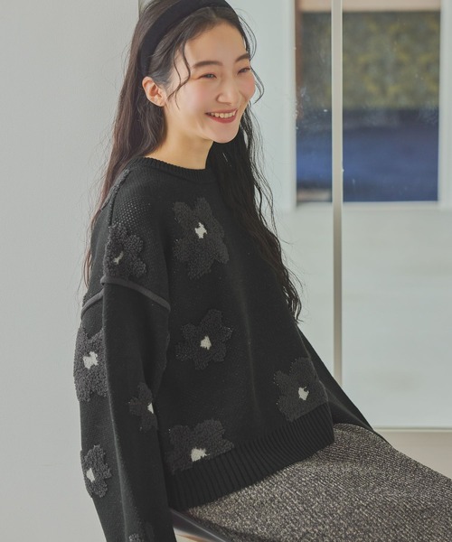 ohga オーガ フラワージャガードニットプルオーバー　ブラック セール】フラワージャガードニットプルオーバー（ニット/セーター