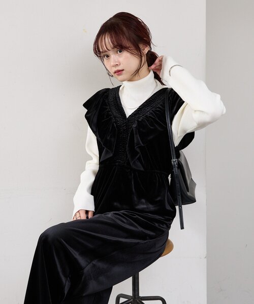 mystic(ミスティック)の「ベロアフリルオールインワン(サロペット/オーバーオール・レディース・ブラック/ブラウン・FREE)」の4枚目の写真