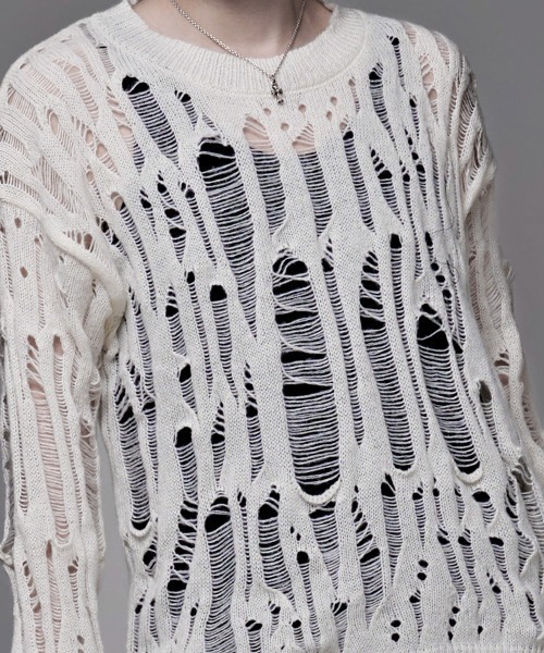 NOVESSEL（ノベセル）の「『NOVESSEL/ノベセル』ダメージニット【Y】【CN】（ニット/セーター・レディース・ホワイト/ブラック・FREE）」の10枚目の写真