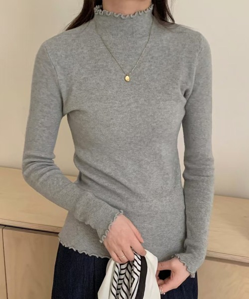DAY CLOSET（デイ クローゼット）の「【大人の華やぎニット】長袖ハイネックメロウフリルニットトップス レディース（ニット/セーター・レディース・グレー/アイボリー/ブラック/ピンク/オートミール/ボルドー・FREE）」の3枚目の写真