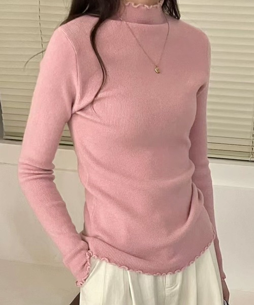 DAY CLOSET（デイ クローゼット）の「【大人の華やぎニット】長袖ハイネックメロウフリルニットトップス レディース（ニット/セーター・レディース・グレー/アイボリー/ブラック/ピンク/オートミール/ボルドー・FREE）」の5枚目の写真