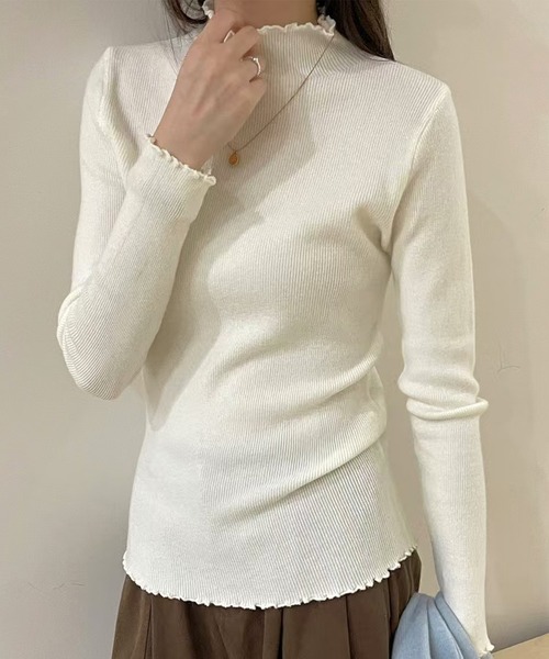 DAY CLOSET（デイ クローゼット）の「【大人の華やぎニット】長袖ハイネックメロウフリルニットトップス レディース（ニット/セーター・レディース・グレー/アイボリー/ブラック/ピンク/オートミール/ボルドー・FREE）」の2枚目の写真