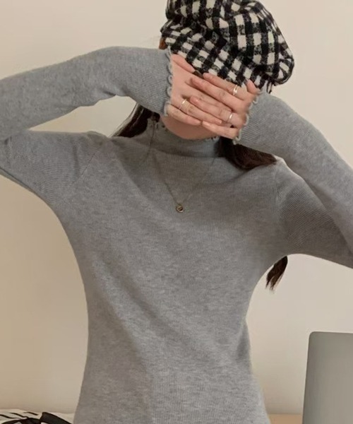 DAY CLOSET（デイ クローゼット）の「【大人の華やぎニット】長袖ハイネックメロウフリルニットトップス レディース（ニット/セーター・レディース・グレー/アイボリー/ブラック/ピンク/オートミール/ボルドー・FREE）」の9枚目の写真