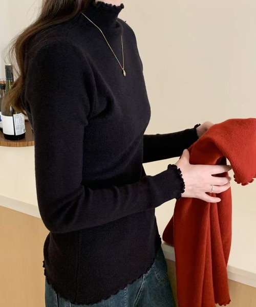 DAY CLOSET（デイ クローゼット）の「【大人の華やぎニット】長袖ハイネックメロウフリルニットトップス レディース（ニット/セーター・レディース・グレー/アイボリー/ブラック/ピンク/オートミール/ボルドー・FREE）」の8枚目の写真