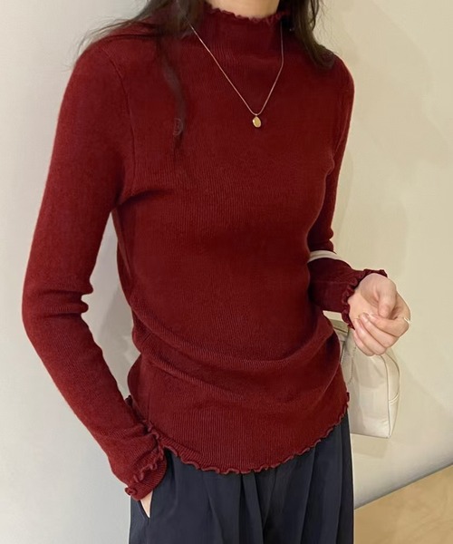 DAY CLOSET（デイ クローゼット）の「【大人の華やぎニット】長袖ハイネックメロウフリルニットトップス レディース（ニット/セーター・レディース・グレー/アイボリー/ブラック/ピンク/オートミール/ボルドー・FREE）」の12枚目の写真