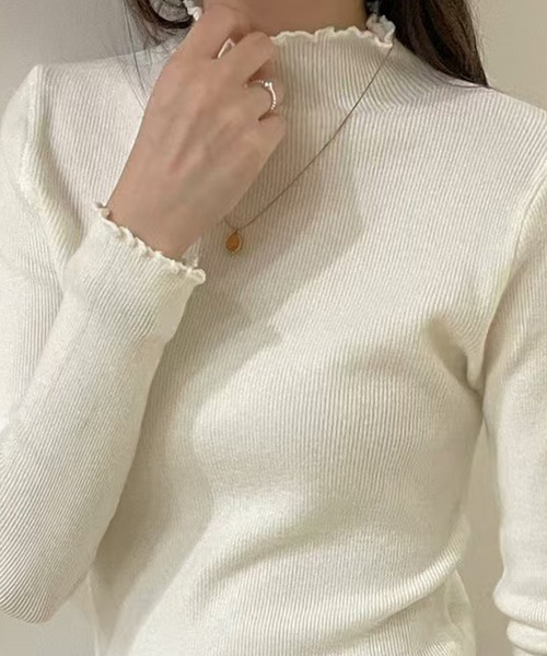 DAY CLOSET（デイ クローゼット）の「【大人の華やぎニット】長袖ハイネックメロウフリルニットトップス レディース（ニット/セーター・レディース・グレー/アイボリー/ブラック/ピンク/オートミール/ボルドー・FREE）」の15枚目の写真