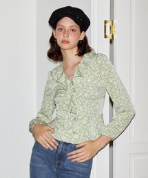 Puff Shoulder Ruffle Blouse_Green