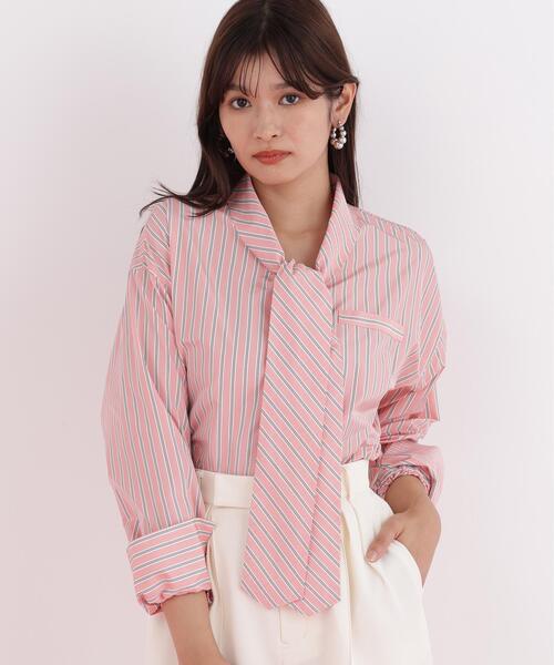 PINKY&DIANNE(ピンキーアンドダイアン)の「◆ストライプタイネックシャツ(シャツ/ブラウス・レディース・ブラック系その他/ピンク系その他・38)」の1枚目の写真
