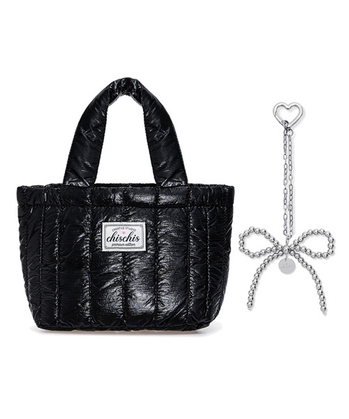 CHISCHIS（チス チス）の「[SET] CHISCHIS PADDING BAG_BLACK + RIBBON HEART CHARM（トートバッグ・レディース・ホワイト/ピンク/シルバー・FREE）」の3枚目の写真