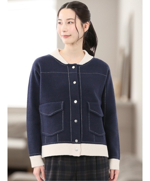 m.f.editorial(エムエフエディトリアル)の「【ストレッチ ウォッシャブル ニットアウター】m.f.エディトリアルレディース ステッチ風 ニットブルゾン(カーディガン/ボレロ・レディース・ネイビー/アイボリー・MEDIUM)」の1枚目の写真