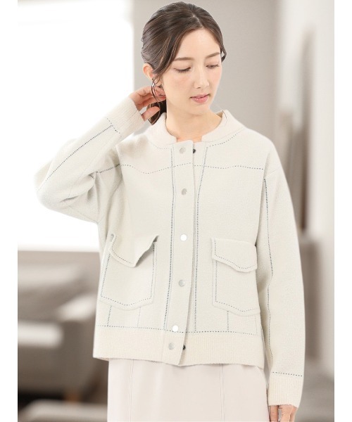 m.f.editorial(エムエフエディトリアル)の「【ストレッチ ウォッシャブル ニットアウター】m.f.エディトリアルレディース ステッチ風 ニットブルゾン(カーディガン/ボレロ・レディース・ネイビー/アイボリー・MEDIUM)」の2枚目の写真