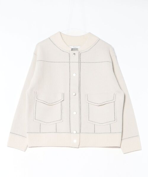 m.f.editorial(エムエフエディトリアル)の「【ストレッチ ウォッシャブル ニットアウター】m.f.エディトリアルレディース ステッチ風 ニットブルゾン(カーディガン/ボレロ・レディース・ネイビー/アイボリー・MEDIUM)」の4枚目の写真