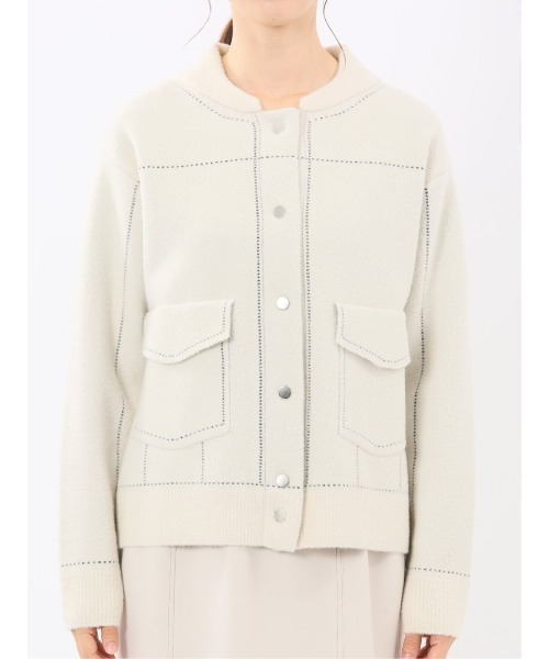 m.f.editorial(エムエフエディトリアル)の「【ストレッチ ウォッシャブル ニットアウター】m.f.エディトリアルレディース ステッチ風 ニットブルゾン(カーディガン/ボレロ・レディース・ネイビー/アイボリー・MEDIUM)」の5枚目の写真