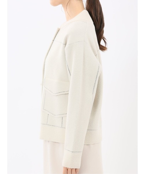 m.f.editorial(エムエフエディトリアル)の「【ストレッチ ウォッシャブル ニットアウター】m.f.エディトリアルレディース ステッチ風 ニットブルゾン(カーディガン/ボレロ・レディース・ネイビー/アイボリー・MEDIUM)」の6枚目の写真