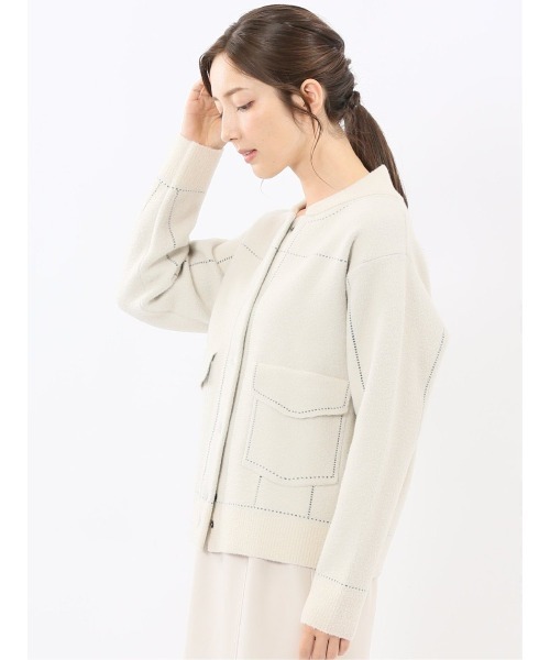 m.f.editorial(エムエフエディトリアル)の「【ストレッチ ウォッシャブル ニットアウター】m.f.エディトリアルレディース ステッチ風 ニットブルゾン(カーディガン/ボレロ・レディース・ネイビー/アイボリー・MEDIUM)」の12枚目の写真